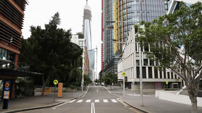 Barangaroo pictured at 8.30am on a Monday morning when workers would ordinarily be flocking to offices. Picture: Richard Dobson