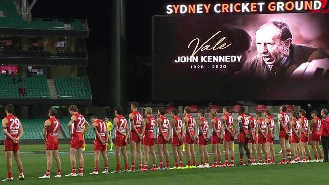 Before the match, both teams paid tribute to football legend John Kennedy Sr who died Thursday. Picture: Supplied/Seven Sport