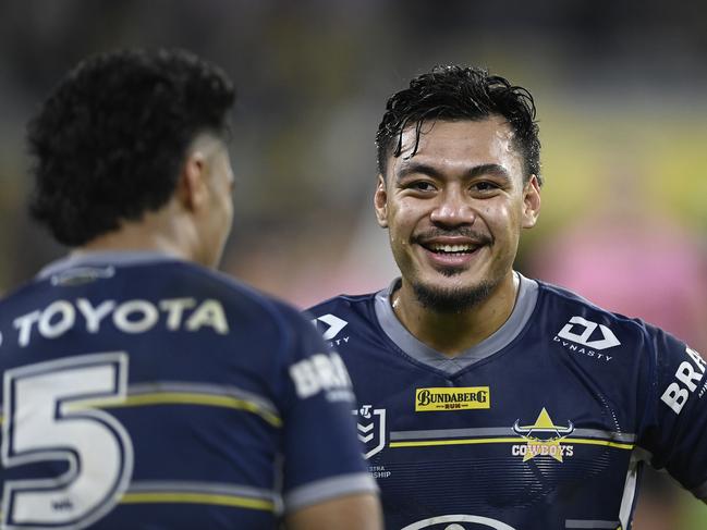 TOWNSVILLE, AUSTRALIA - SEPTEMBER 03:  Jeremiah Nanai of the Cowboys smiles after winning the round 25 NRL match between the North Queensland Cowboys and the Penrith Panthers at Qld Country Bank Stadium, on September 03, 2022, in Townsville, Australia. (Photo by Ian Hitchcock/Getty Images)