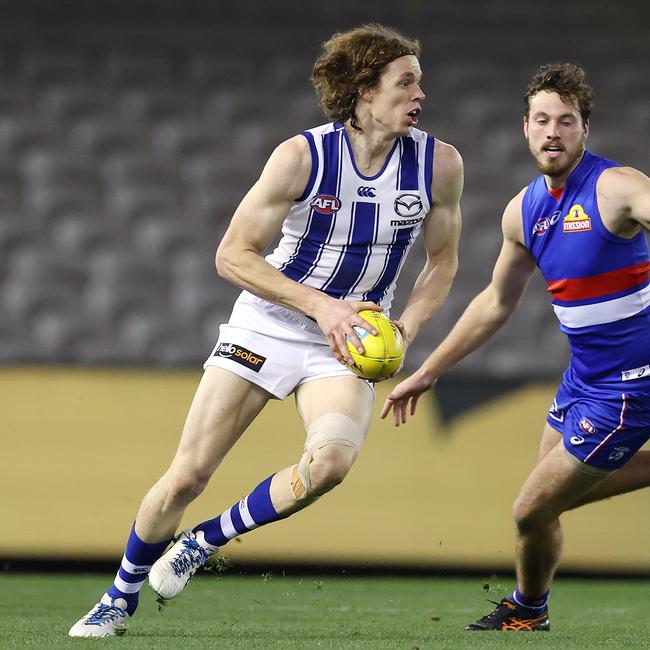 Tasmanian Ben Brown playing for the Kangaroos against the Western Bulldogs at Marvel Stadium earlier this month. Picture: MICHAEL KLEIN