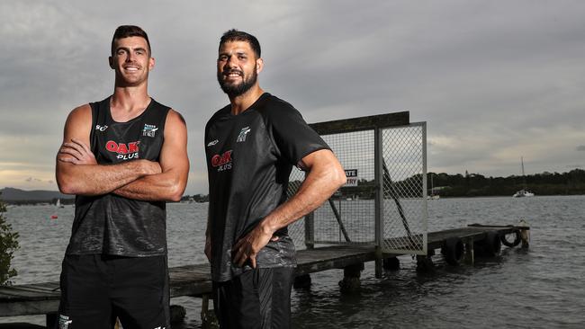 Port Adelaide ruck duo Scott Lycett and Paddy Ryder at the club’s pre-season training camp in Noosa.