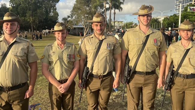 Private Watson, Corporal Paltridge, Private Dayton, Private Hammond and Private Lamb commemorating Anzac Dayat Tweed Heads. Picture: David Bonaddio