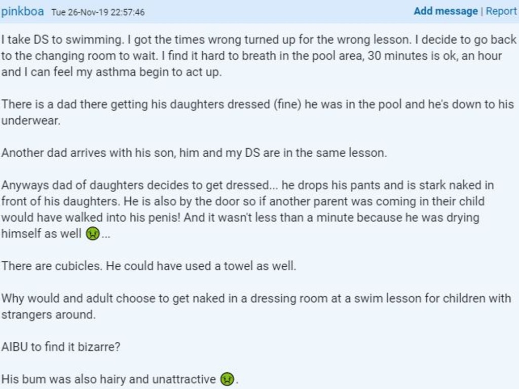 A mum who used the male change rooms when she took her son swimming took to the internet to rant about seeing a dad get naked in front of her. Picture: Mumsnet