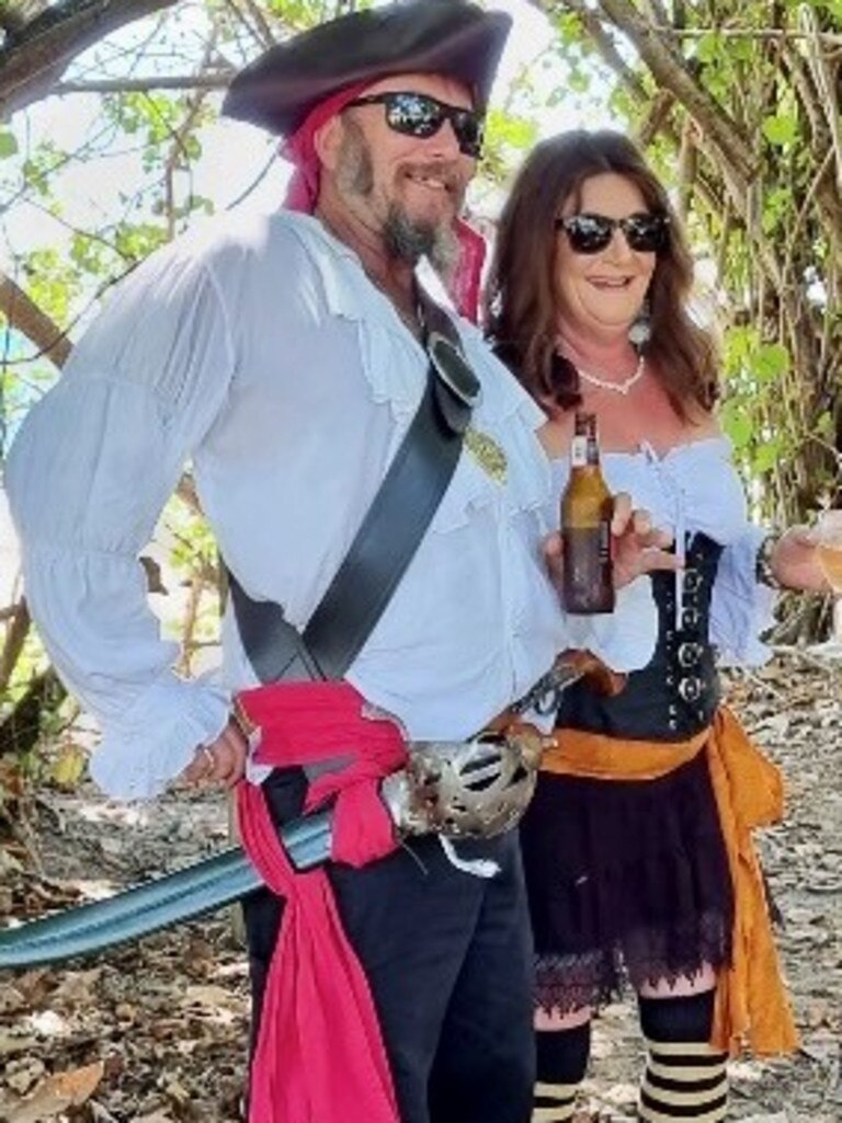 This loved up Darwin couple made a colourful entrance at their wedding ceremony earlier this year when they arrived in their “pirate uniforms.”