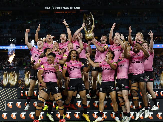 DAILY TELEGRAPH OCTOBER 6, 2024. Panthers celebrating winning the NRL Grand Final against Melbourne Storm at Accor Stadium, Sydney Olympic Park. Picture: Jonathan Ng