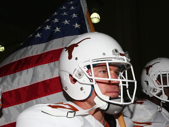 DALLAS, TX - OCTOBER 11: Nate Boyer #37 of the Texas Longhorns prepares to enter the field before a game against the Oklahoma Sooners at Cotton Bowl on October 11, 2014 in Dallas, Texas. (Photo by Ronald Martinez/Getty Images)