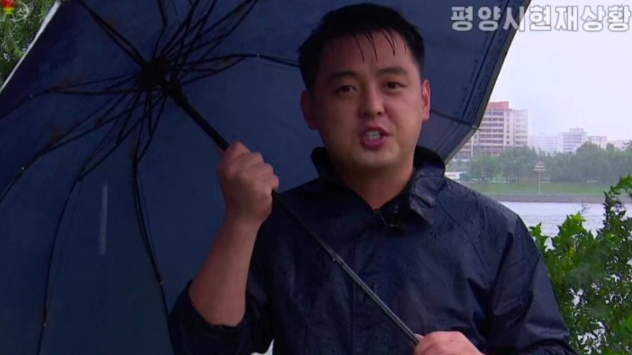 A reporter in Pyongyang reports on the typhoon. Picture: KCTV