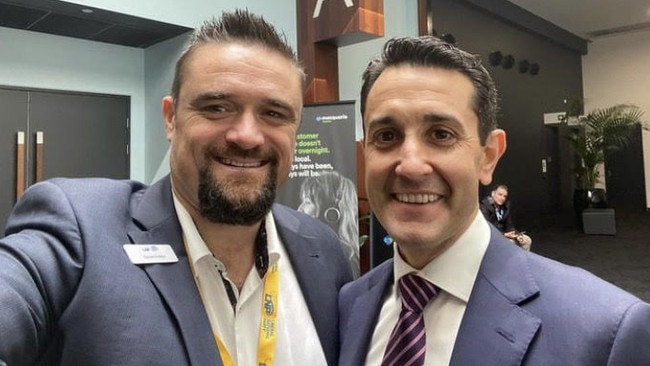 Anglican priest and former journalist Daniel Hobbs, left, and LNP Opposition leader David Crisafulli at the LNP state convention in Brisbane in July. Picture: Instagram