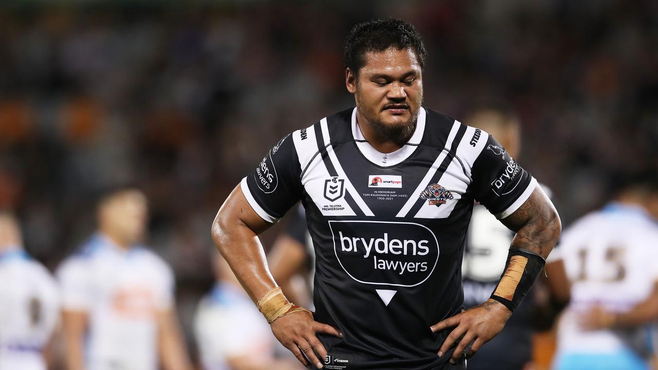 SYDNEY, AUSTRALIA - MAY 08: Joseph Leilua of the Tigers looks dejected during the round nine NRL match between the Wests Tigers and the Gold Coast Titans at Campbelltown Sports Stadium, on May 08, 2021, in Sydney, Australia. (Photo by Matt King/Getty Images)