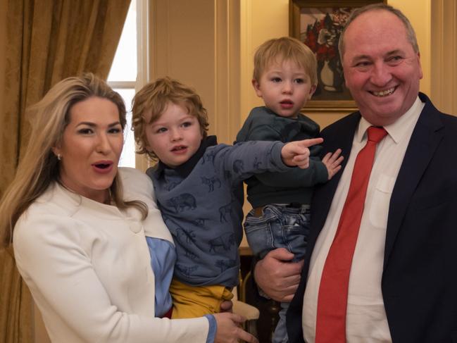 CANBERRA, AUSTRALIA - NewsWire Photos JUNE 22, 2021: Barnaby Joyce and his partner, Vikki Campion and children attend at the swearing-in ceremony at Government House, Canberra. Picture: NCA NewsWire / Martin Ollman