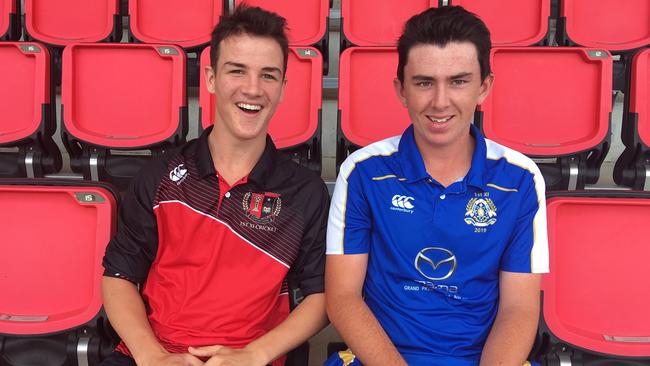 Toby Snell of Gregory Terrace, left, and Noah McFadyen from Nudgee College are mates from their junior days at the Wilston Norths junior cricket club. McFadyen will bowl for the first time in A grade this weekend.