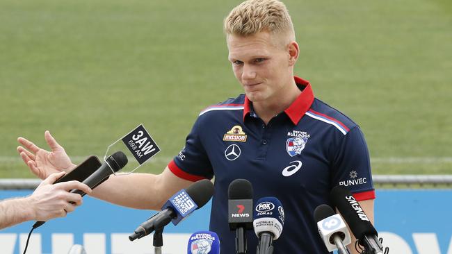 Adam Treloar speaks to the media after becoming a Bulldog. Picture: Darrian Traynor/Getty Images