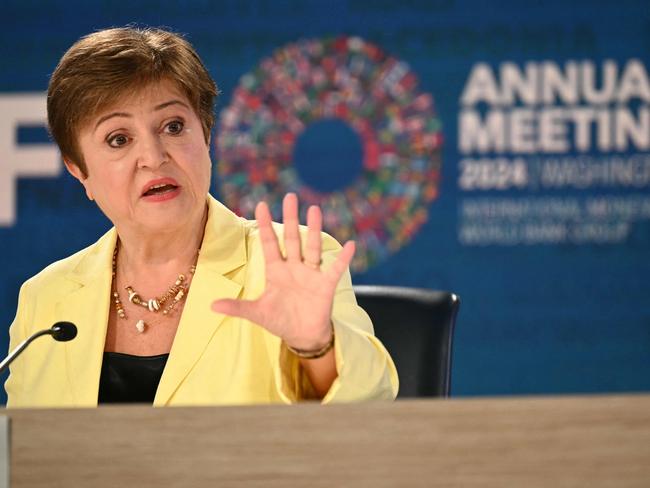 International Monetary Fund Managing Director Kristalina Georgieva speaks during a briefing on the IMFâs Global Policy Agenda during the International Monetary Fund/World Bank Annual Meetings in Washington, DC on October 24, 2024. (Photo by Mandel NGAN / AFP)