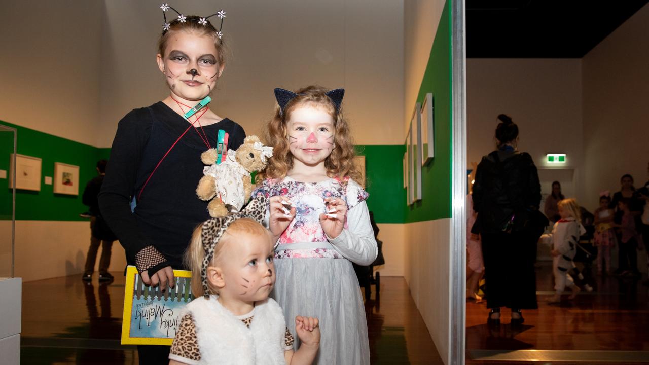 The opening of Scarface Claw exhibition. Indigo Glazbrook, Lilly Jordan and Paige Glazbrook, of Mt Mee. Picture: Dominika Lis