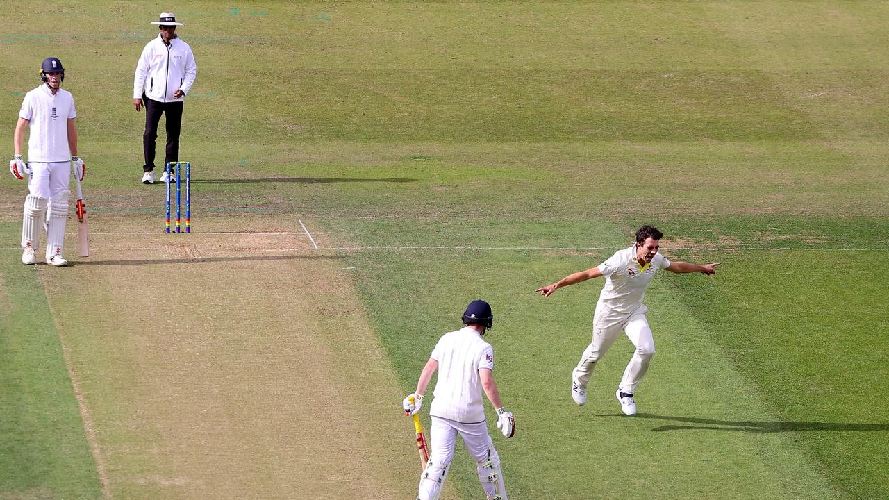 Pat Cummins celebrates in the moments after removing Harry Brook. Picture: Getty Images