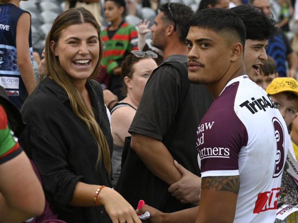 Sydney Roosters' NRLW star Jessica Sergis and Manly's Tommy Talau after the Sea Eagles' trial against Souths.