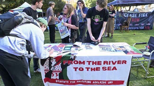 The controversial “from the river to the sea” slogan is seen on the Maths Lawn at Adelaide University. Picture: Mark Brake