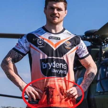 John Bateman models the failed Anzac jersey. Picture: Wests Tigers