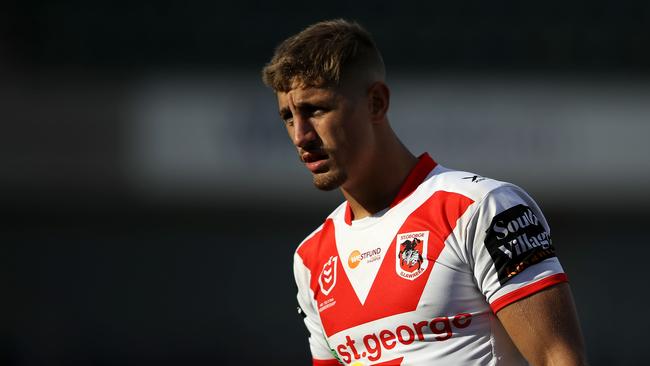  Zac Lomax of the Dragons watches on during the NRL trail match between the St George Illawarra Dragons and the Newcastle Knights at WIN Stadium.