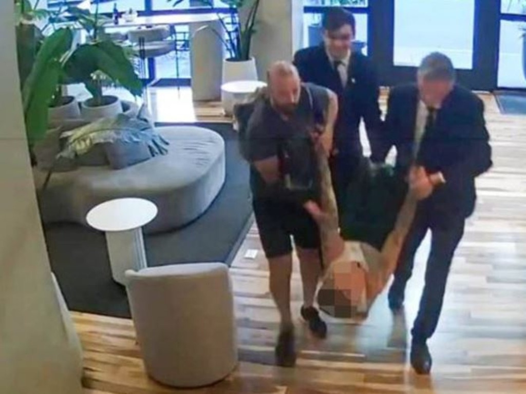 Supplied CCTV of Liam Payne being carried through the hotel lobby before his death.