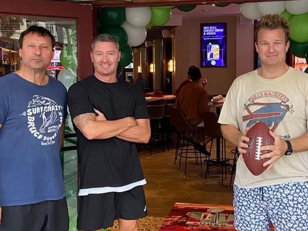 Michael Clarke (C) alongside cohosts Laurie Daley (L) and Gerard Middleton (R) at the Hotel Steyne in Manly for the 2023 Super Bowl. Picture: Instagram