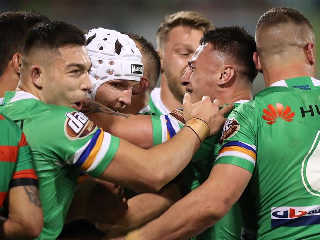 Canberra's Jarrod Croker celebrates after scoring a try during the Canberra Raiders v South Sydney Preliminary NRL Final at GIO Stadium, Canberra.