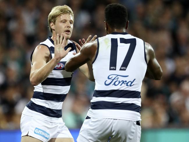 George Horlin-Smith celebrates one of his two goals against the Power in Round 5.