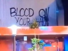 A pro-Palestinian vandal on the roof of Ben Caroll’s office. Picture: Supplied.