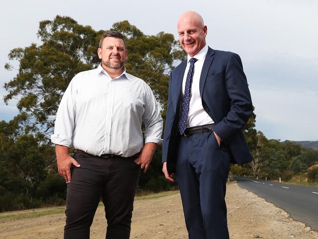 Liberal candidate for Derwent Ben Shaw with Premier Peter Gutwein on the campaign trail in the Derwent Valley. Picture: Nikki Davis-Jones