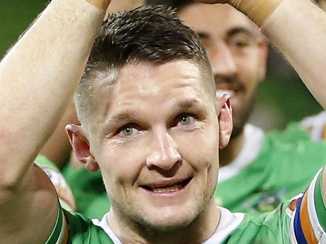 MELBOURNE, AUSTRALIA - SEPTEMBER 14: Jarrod Croker of the Raiders acknowledges the fans after the NRL Qualifying Final match between the Melbourne Storm and the Canberra Raiders at AAMI Park on September 14, 2019 in Melbourne, Australia. (Photo by Darrian Traynor/Getty Images)