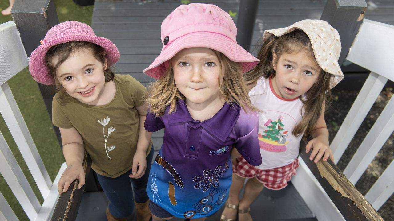 (from left) Liana Shaw, Isla Diete and Lucy Brennan. Rangeville Early Education Centre. Tuesday, December 14, 2021. Picture: Nev Madsen.