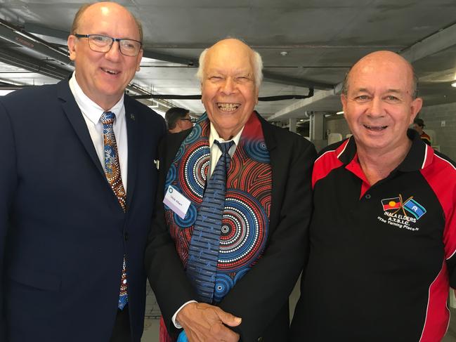 BCC councillor Charles Strunk, Springfield Hymba Yumba Community Hub patron Uncle Albert Holt and Inala elder Uncle Mark Edwards.