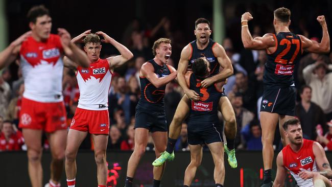 SYDNEY, AUSTRALIA – APRIL 29: Toby Greene of the Giants celebrates with his team mates after kicking a goal during the round seven AFL match between Sydney Swans and Greater Western Sydney Giants at Sydney Cricket Ground, on April 29, 2023, in Sydney, Australia. (Photo by Mark Kolbe/AFL Photos/via Getty Images )