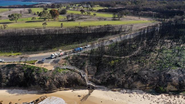 Mallacoota aerial showing the upgraded boardwalk next to burnt trees. Picture: Alex Coppel.