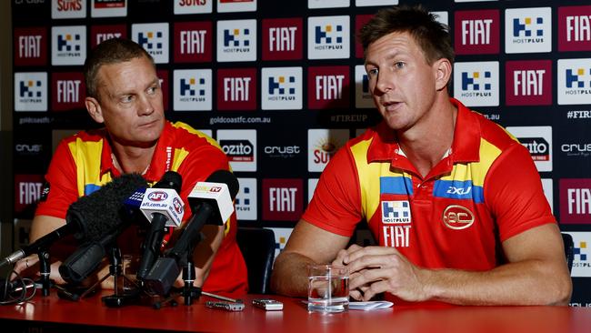 Gold Coast Suns player Nathan Bock announcing his retirement from the Gold Coast Suns and AFL. Coach Guy McKenna and Nathan Bock. Picture: JERAD WILLIAMS