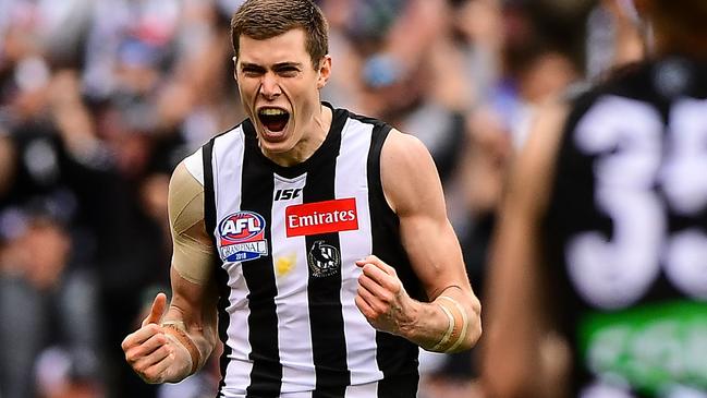 MELBOURNE, AUSTRALIA - SEPTEMBER 29: Mason Cox of the Magpies celebrates a goal during the 2018 Toyota AFL Grand Final match between the West Coast Eagles and the Collingwood Magpies at the Melbourne Cricket Ground on September 29, 2018 in Melbourne, Australia. (Photo by Daniel Carson/AFL Media/Getty Images)