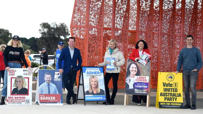 Pre polling in Torquay. Corangamite candidates Meg Watkins, Paul Barker, Stephaine Asher, Libby Coker and Daniel Abou-zeid.