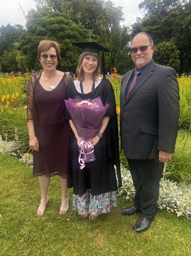 Judith Carney, Rhoslyn Carney (Master of Music Therapy) and Robert Carney at the University of Melbourne graduations held at the Royal Exhibition Building on Saturday, December 14, 2024. Picture: Jack Colantuono