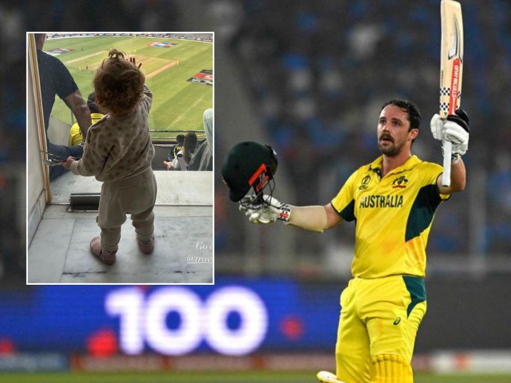 Travis Head celebrates his century and (inset) his baby girl Milla. Photos: Getty Images and Instagram