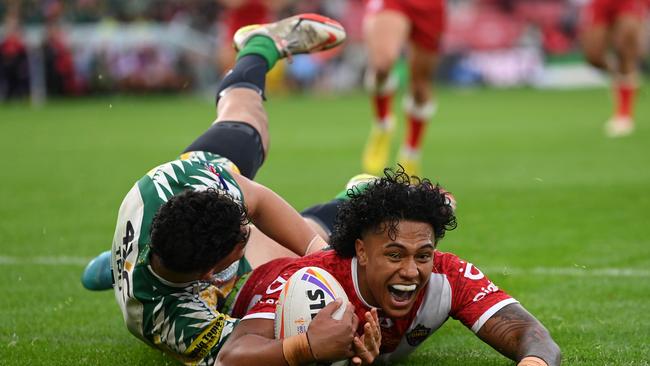 Broncos fullback contender Tesi Niu playing for Tonga at the recent World Cup in England.