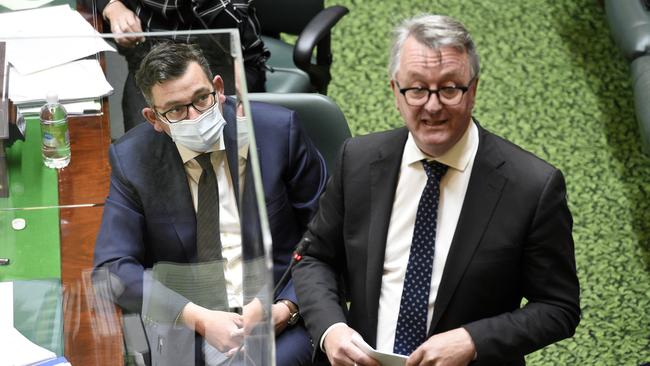 Health Minister Martin Foley and Premier Daniel Andrews in Parliament. Picture: Andrew Henshaw