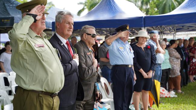 New Zealand born veteran Reay Tuck, Mackay Regional Council Mayor Greg Williamson, Vietnam War veteran and Victoria Cross recipient Keith Payne, Australian Air Force Cadets Squadron Leader Geoff Strange and Mackay MP Julieanne Gilbert at the Mackay Main Anzac Day Service, 2021. Picture: Heidi Petith