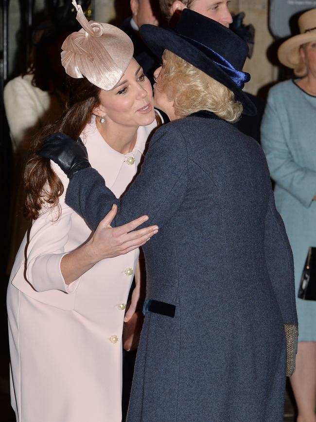 Kate Middleton greets Camilla, Duchess of Cornwall. Picture: John Stillwell/ — WPA Pool/Getty Images