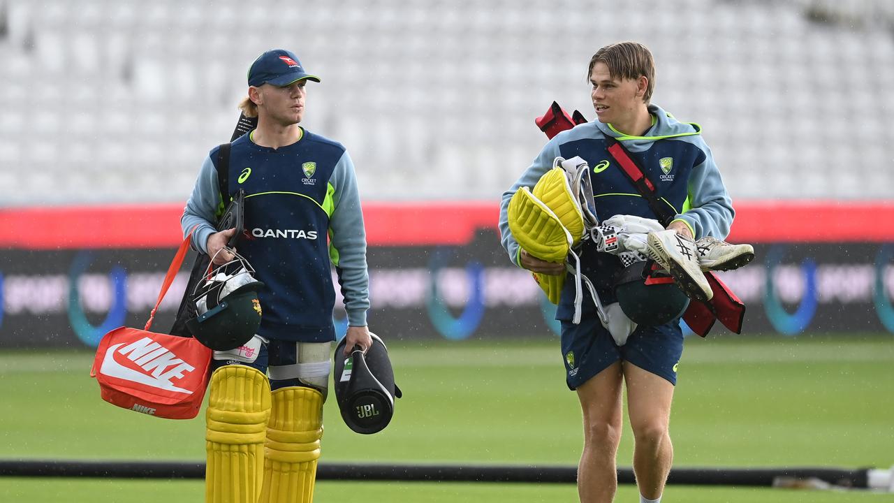 LONDON, ENGLAND - SEPTEMBER 26: Jake Fraser-McGurk (L) and Cooper Connolly of Australia walk across the playing surface before a training session at Lord's Cricket Ground on September 26, 2024 in London, England. (Photo by Philip Brown/Getty Images)