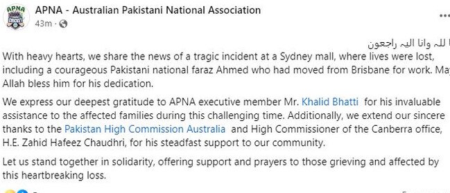 A post by the Australian Pakistani National Association. Picture: Facebook