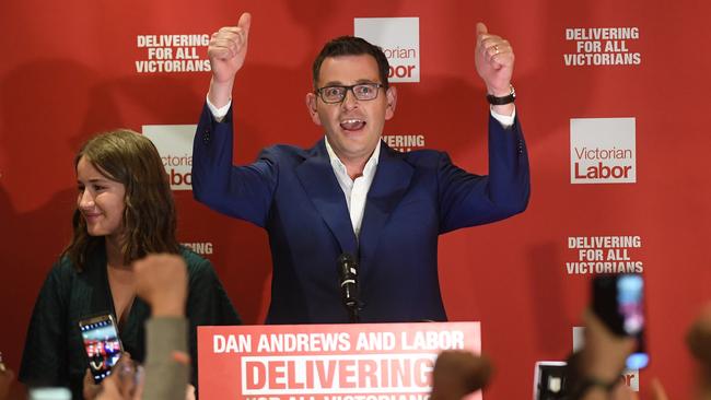 Daniel Andrews celebrates Labor’s landslide win in the Victorian election. Picture: AAP