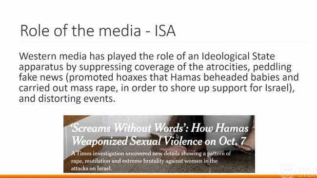 A University of Sydney professor has told her class that Hamas’ mass rape on October 7 was ‘fake news’.