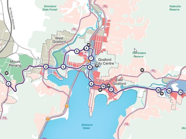 The rapid bus lane route proposed in the Somersby to Erina Corridor Strategy.