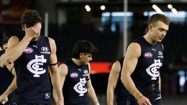 MELBOURNE, AUSTRALIA - AUGUST 07: Patrick Cripps of the Blues looks dejected after a loss during the 2021 AFL Round 21 match between the Carlton Blues and the Gold Coast Suns at Marvel Stadium on August 7, 2021 in Melbourne, Australia. (Photo by Michael Willson/AFL Photos via Getty Images)