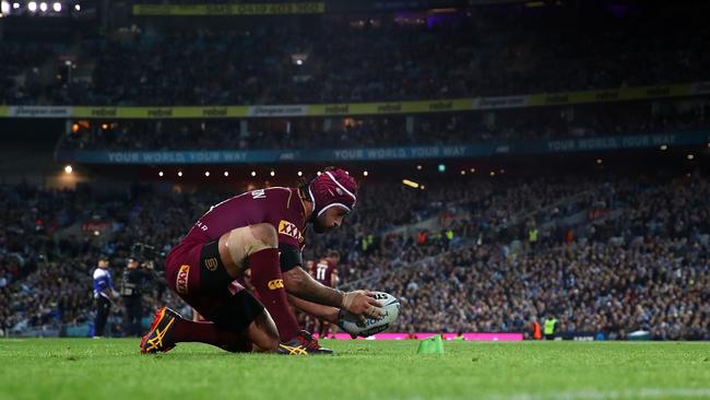 Johnathan Thurston sets up before kicking a goal during Game II of last year’s State of Origin series in Sydney, which would be his final Origin appearance. Picture: Cameron Spencer/Getty Images